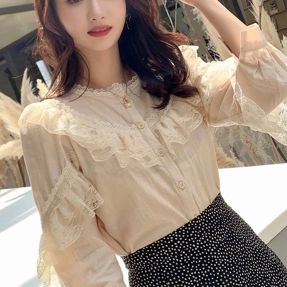Lace blouse button shirt cream beige ruffle long sleeve  top womens - Picture 8 of 10